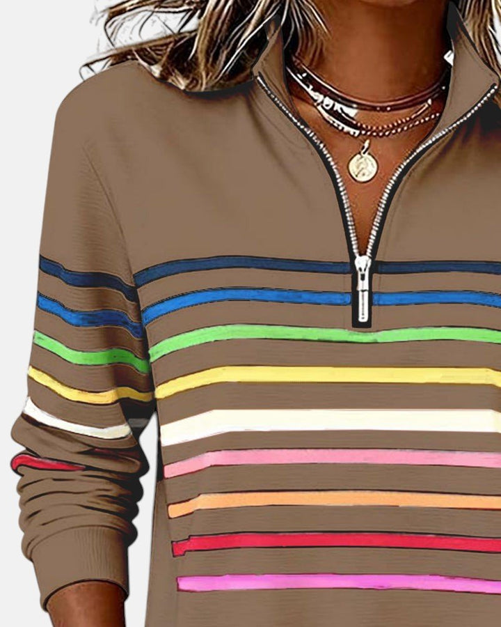 Nora | Dame Sweatshirt med Regnbue Striper og Glidelås