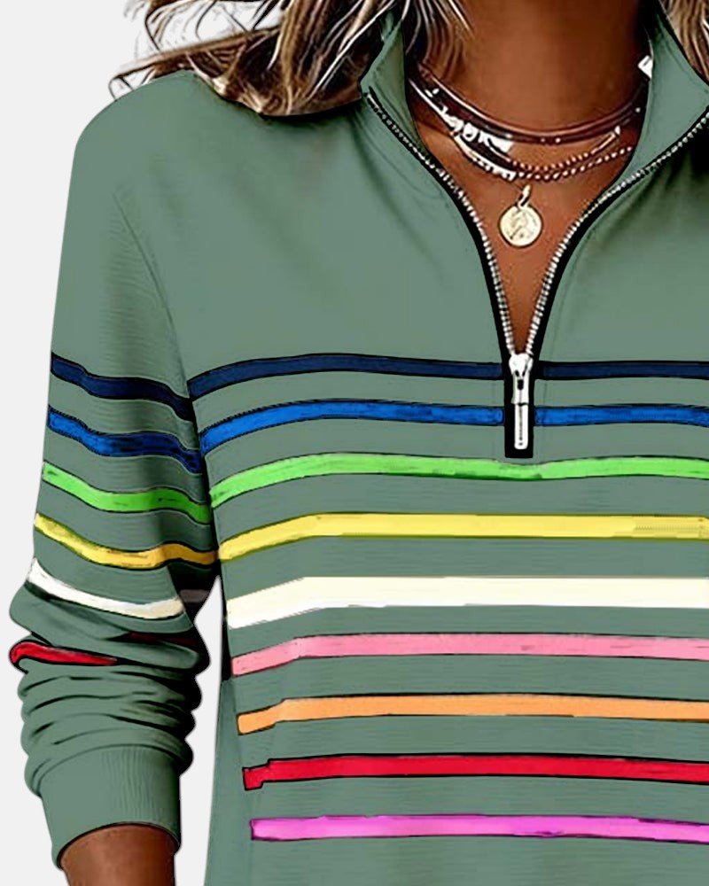 Nora | Dame Sweatshirt med Regnbue Striper og Glidelås