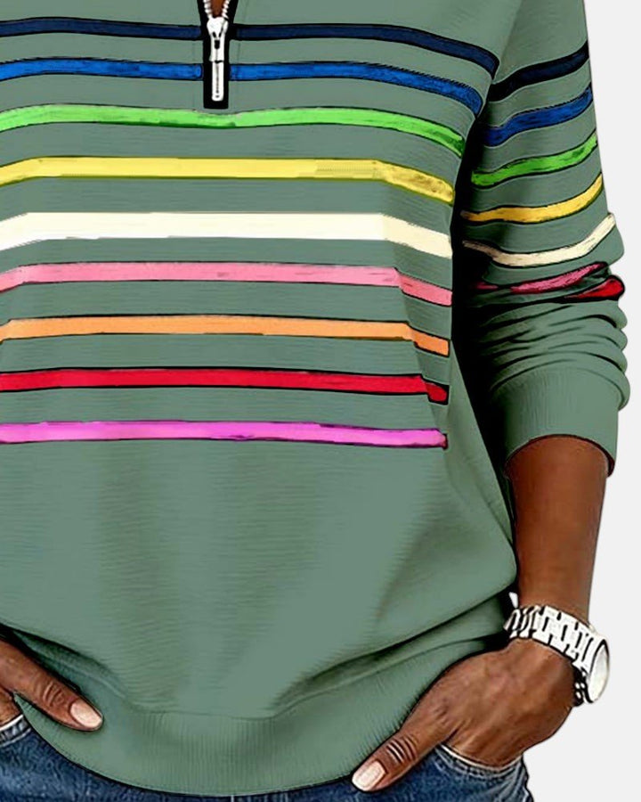 Nora | Dame Sweatshirt med Regnbue Striper og Glidelås