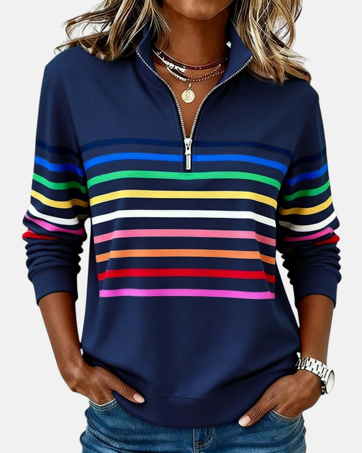 Nora | Dame Sweatshirt med Regnbue Striper og Glidelås