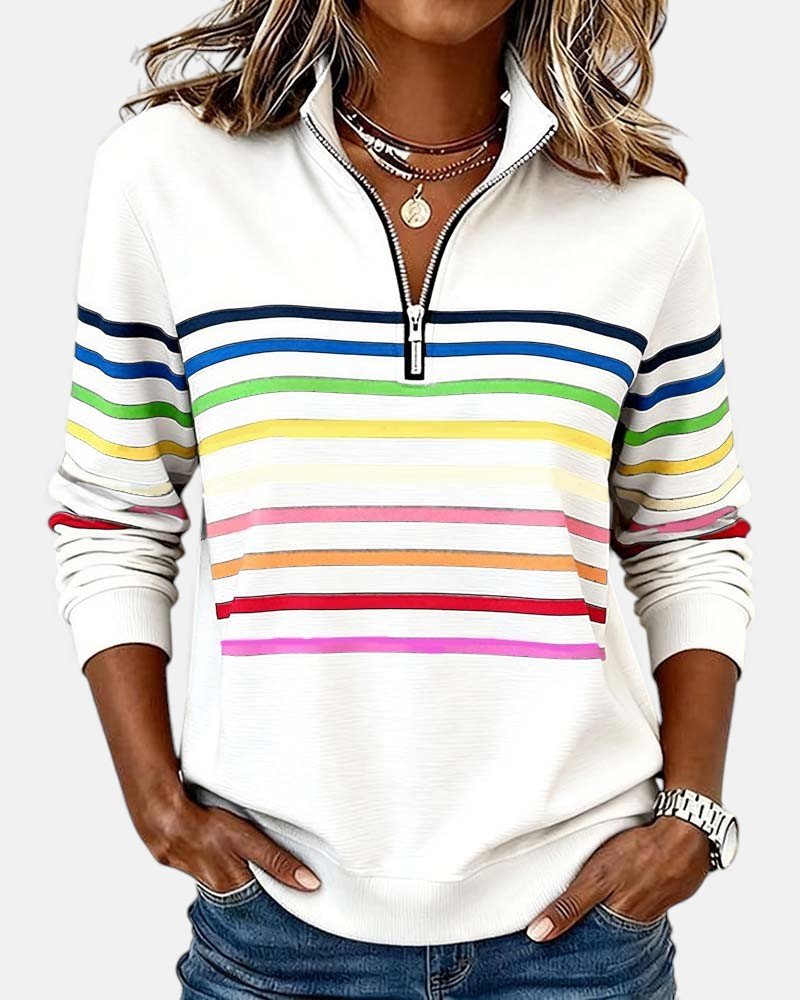 Nora | Dame Sweatshirt med Regnbue Striper og Glidelås