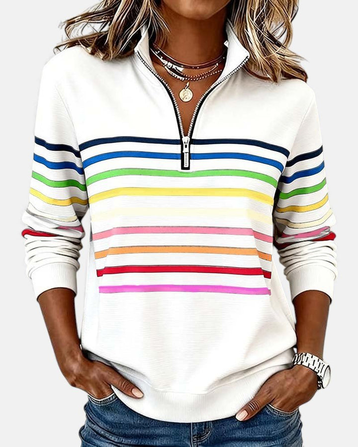 Nora | Dame Sweatshirt med Regnbue Striper og Glidelås