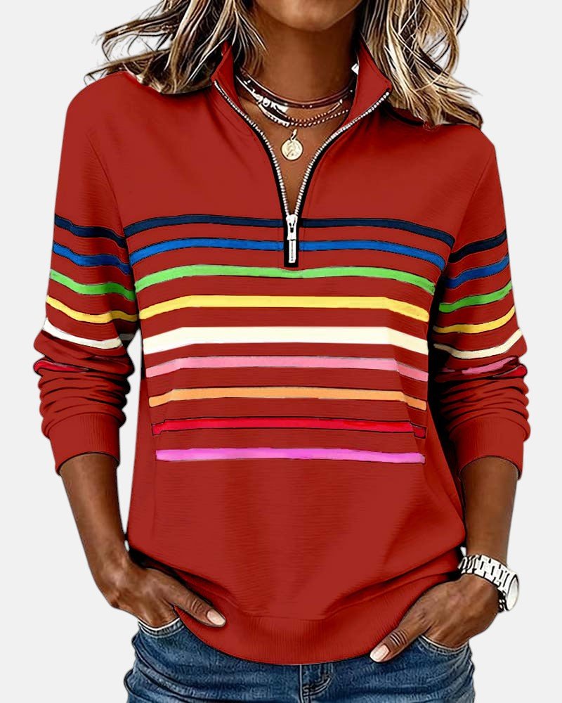 Nora | Dame Sweatshirt med Regnbue Striper og Glidelås