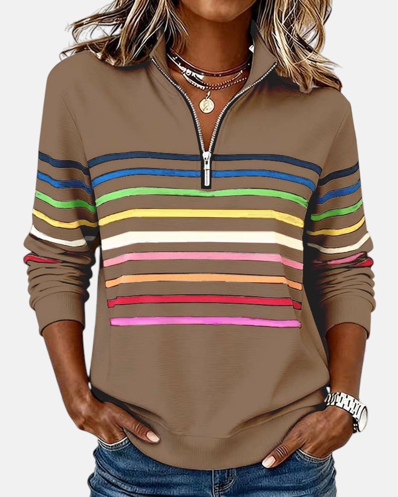 Nora | Dame Sweatshirt med Regnbue Striper og Glidelås