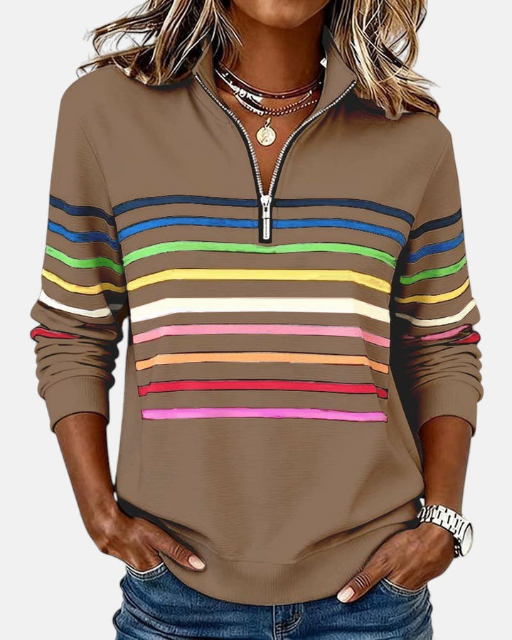 Nora | Dame Sweatshirt med Regnbue Striper og Glidelås