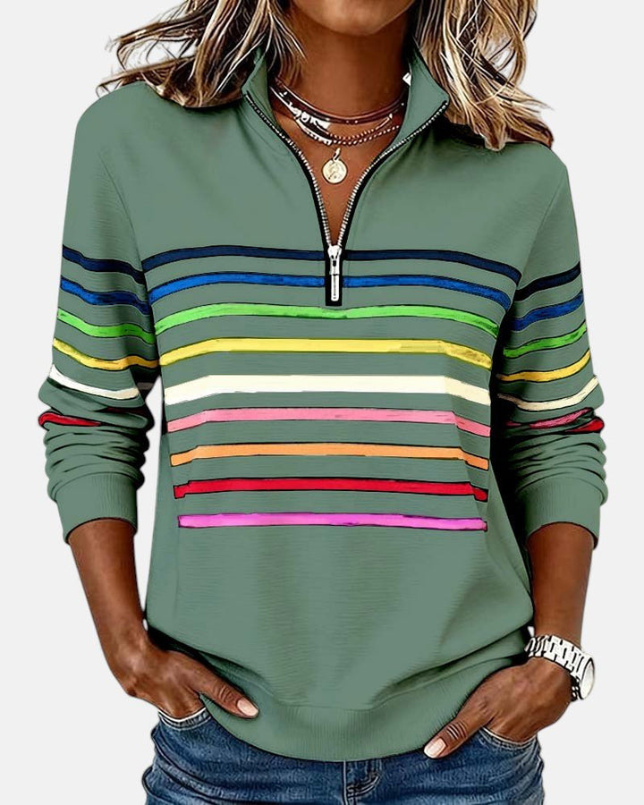 Nora | Dame Sweatshirt med Regnbue Striper og Glidelås