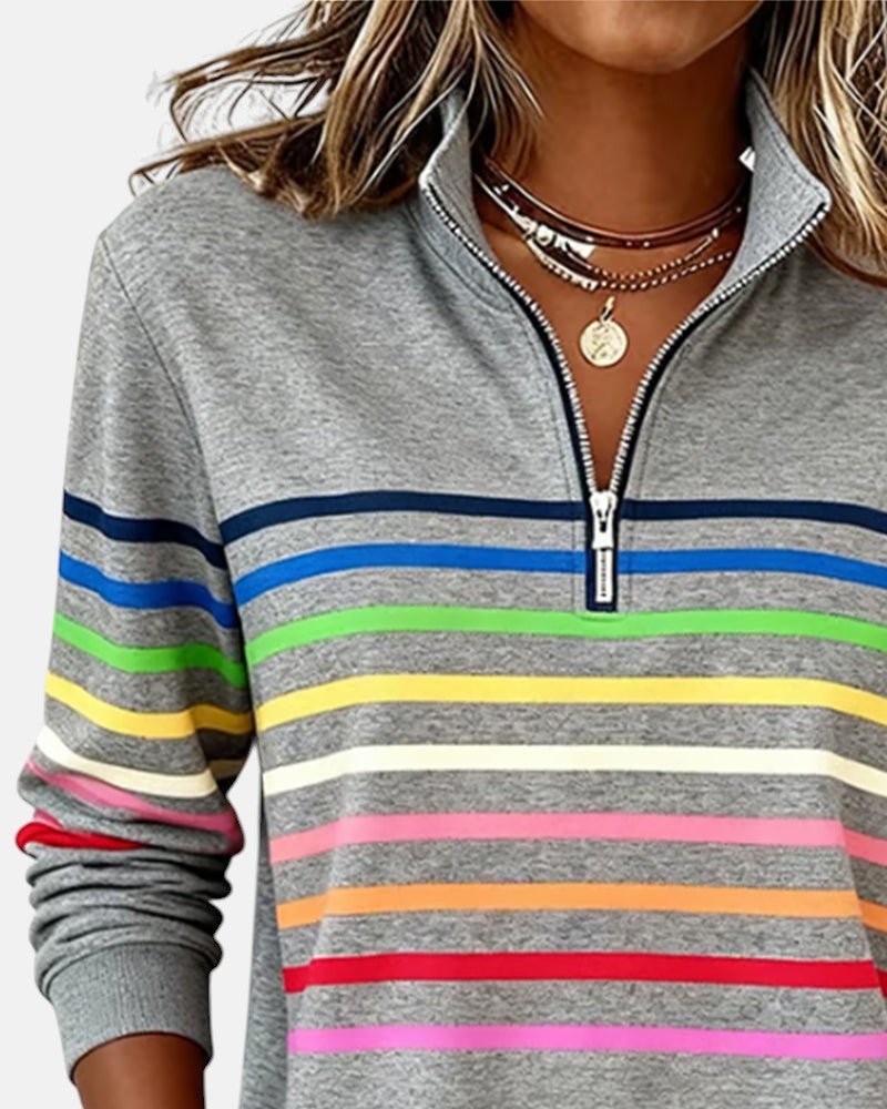 Nora | Dame Sweatshirt med Regnbue Striper og Glidelås