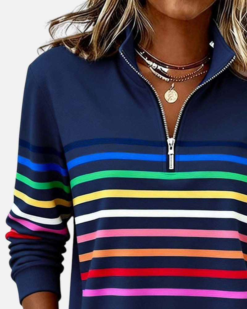 Nora | Dame Sweatshirt med Regnbue Striper og Glidelås