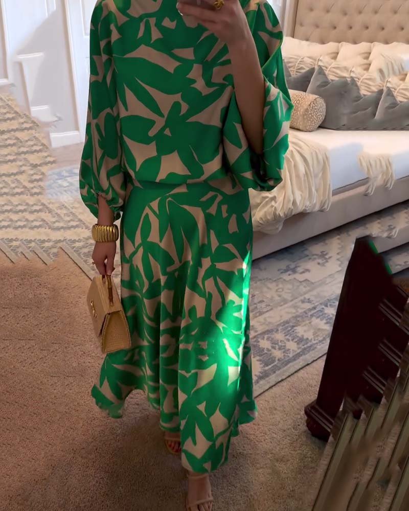 Emma | Kvinners To-dels Sett med Ballongsleeves og Botanisk Trykk