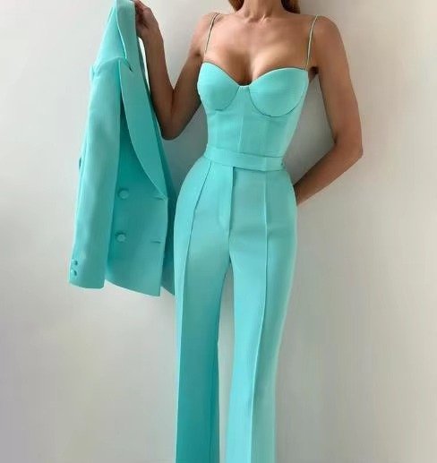 Karla | Kvinne Tre-Delt Blazer Sett Korsett Topp Flared Bukser