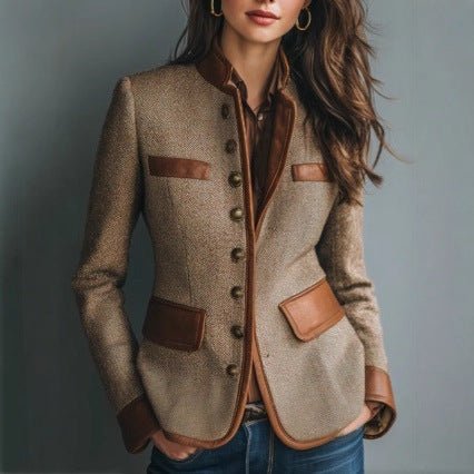 Mathilde | Kvinne Skreddersydd Tweed Blazer med Skreddersydd Kunstskinnkant og Knapper