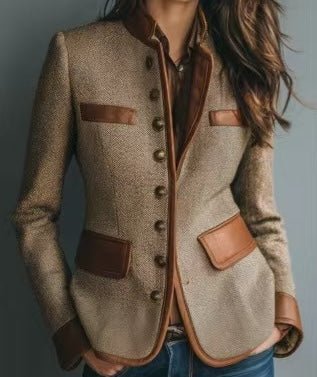 Mathilde | Kvinne Skreddersydd Tweed Blazer med Skreddersydd Kunstskinnkant og Knapper