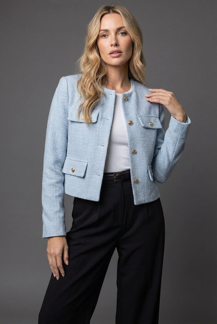 Astrid | Dame Tweed Korte Blazer Rund Hals Gullknapper