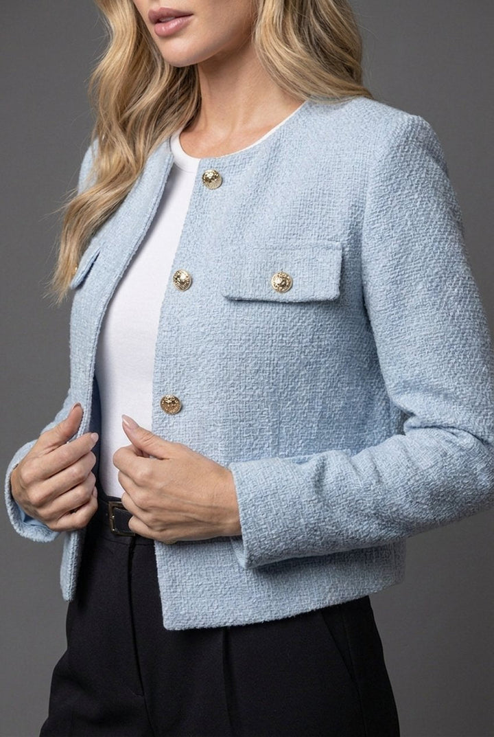 Astrid | Dame Tweed Korte Blazer Rund Hals Gullknapper
