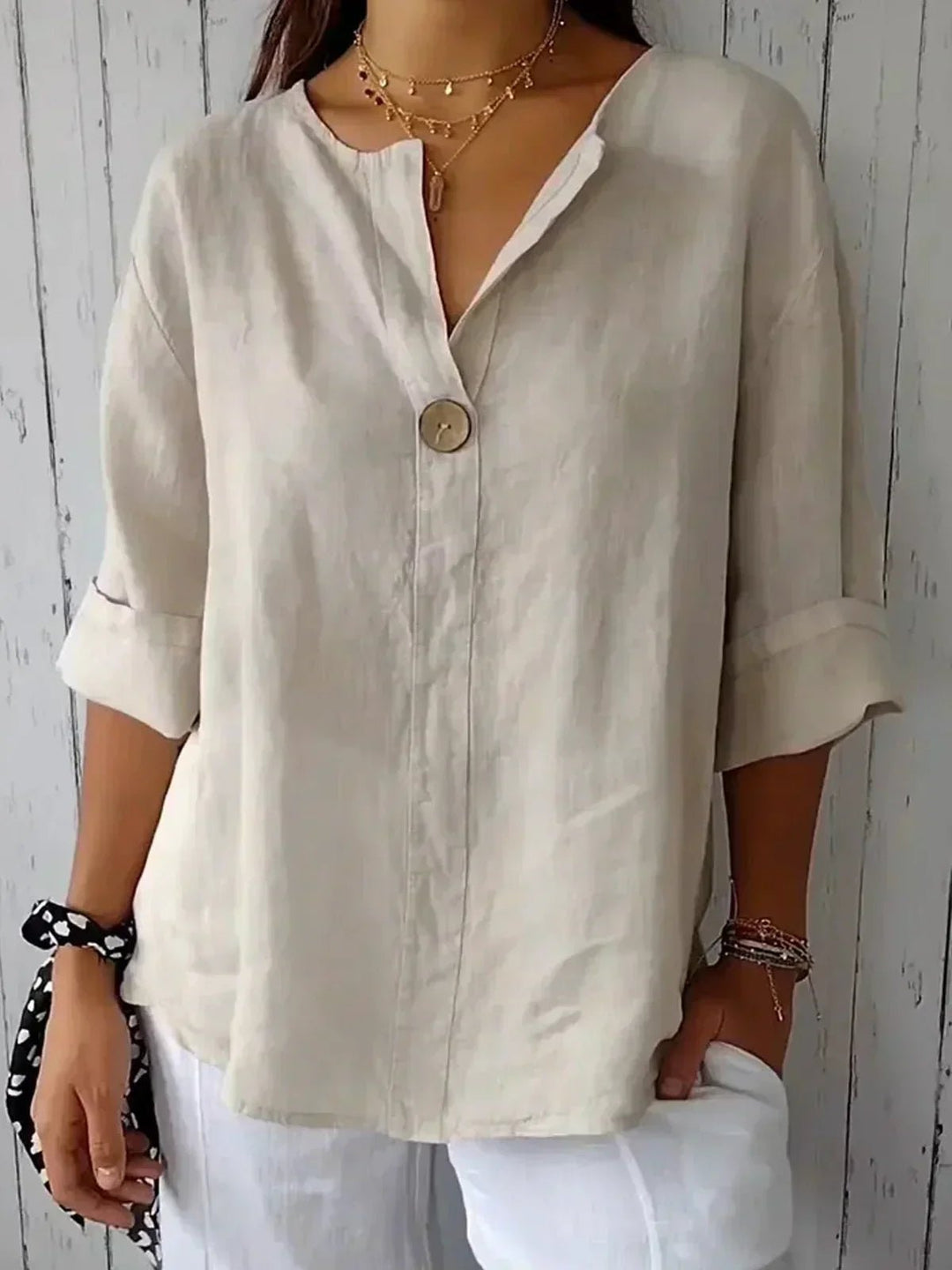 Josefine | Dame V-hals Avslappet Bluse i Lin-Look med 3/4 Ermer