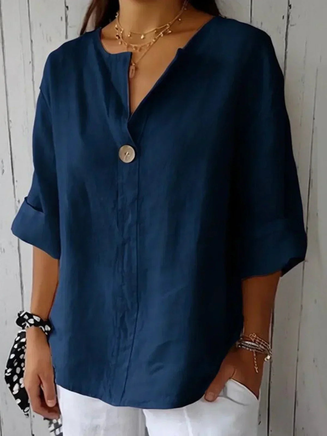 Josefine | Dame V-hals Avslappet Bluse i Lin-Look med 3/4 Ermer