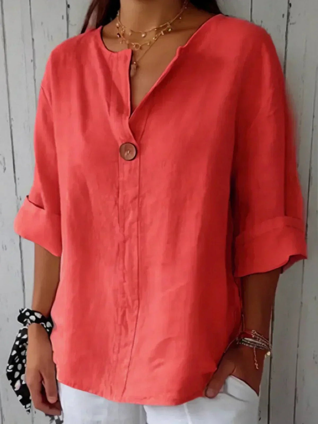 Josefine | Dame V-hals Avslappet Bluse i Lin-Look med 3/4 Ermer