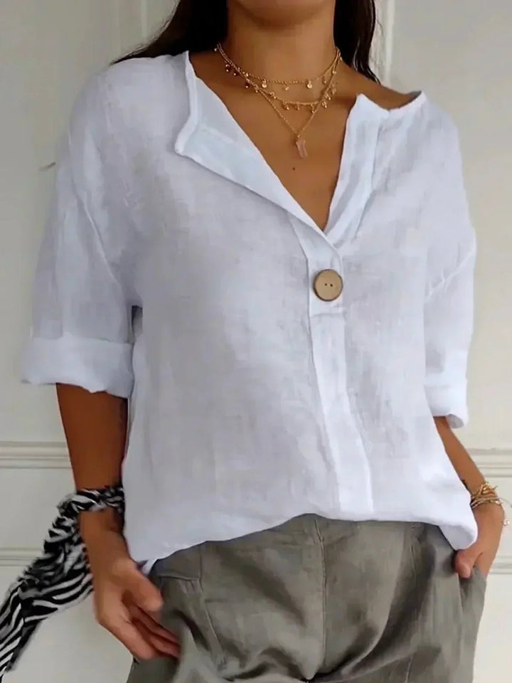 Josefine | Dame V-hals Avslappet Bluse i Lin-Look med 3/4 Ermer