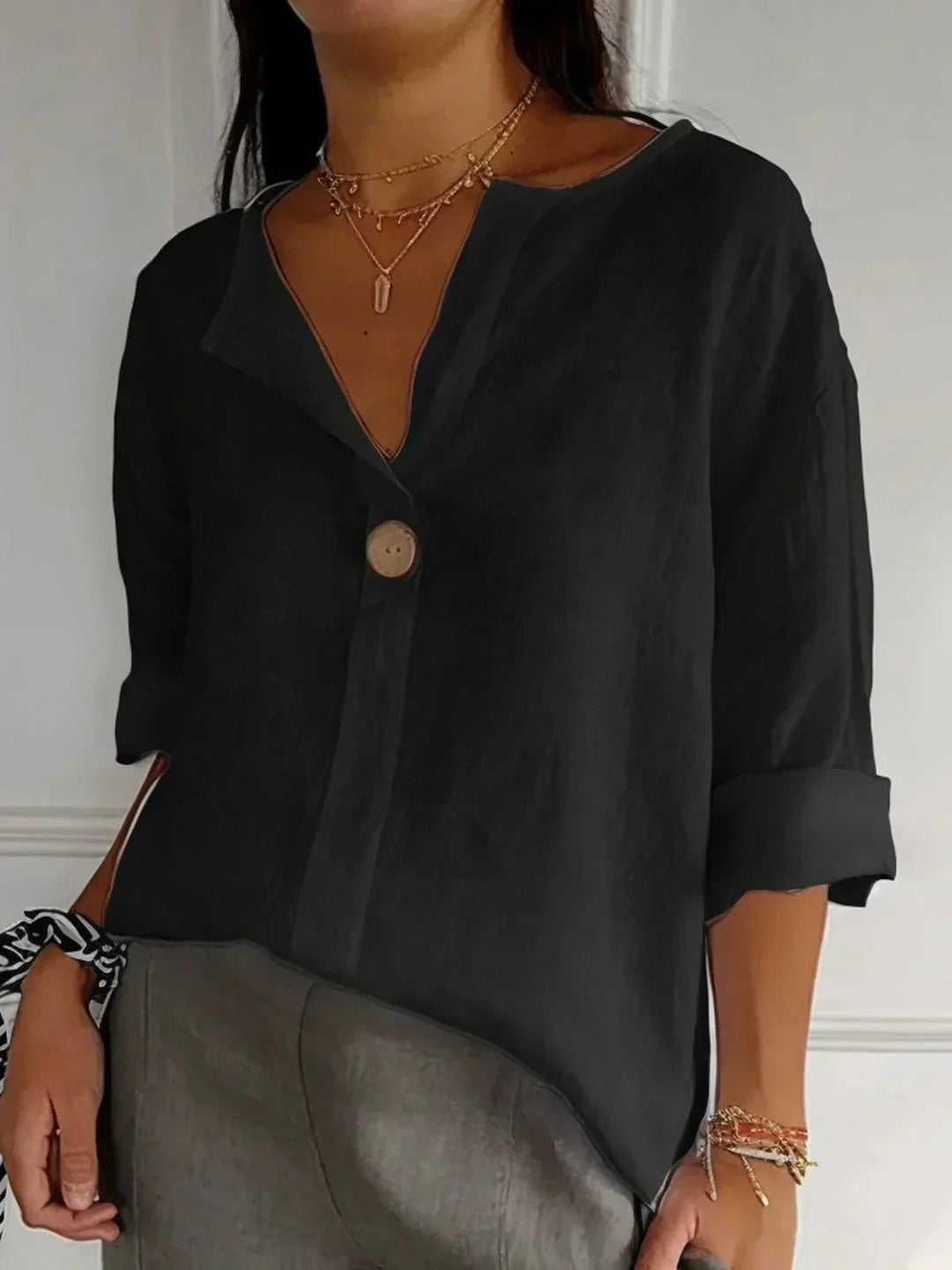 Josefine | Dame V-hals Avslappet Bluse i Lin-Look med 3/4 Ermer