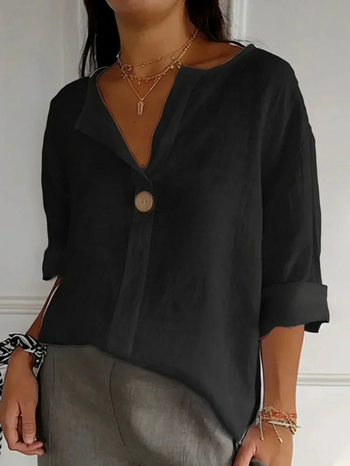 Josefine | Dame V-hals Avslappet Bluse i Lin-Look med 3/4 Ermer