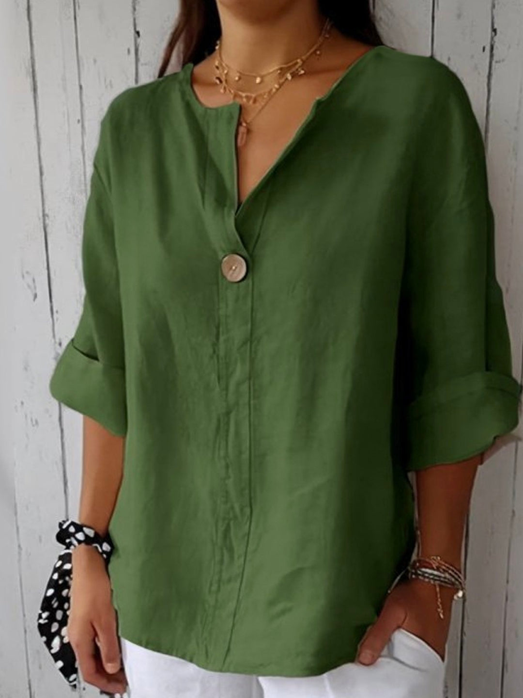 Josefine | Dame V-hals Avslappet Bluse i Lin-Look med 3/4 Ermer