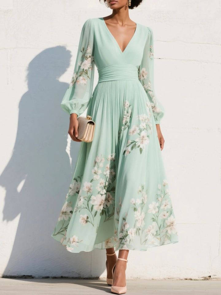 Anna | Kvinne V-hals Blomstrete Midi Kjole med Plisserte Ballongsleeves