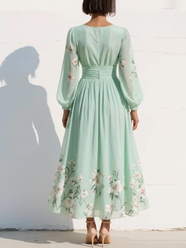 Anna | Kvinne V-hals Blomstrete Midi Kjole med Plisserte Ballongsleeves