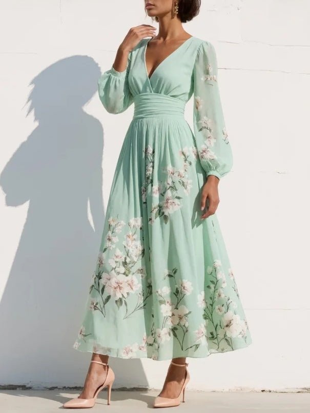Anna | Kvinne V-hals Blomstrete Midi Kjole med Plisserte Ballongsleeves