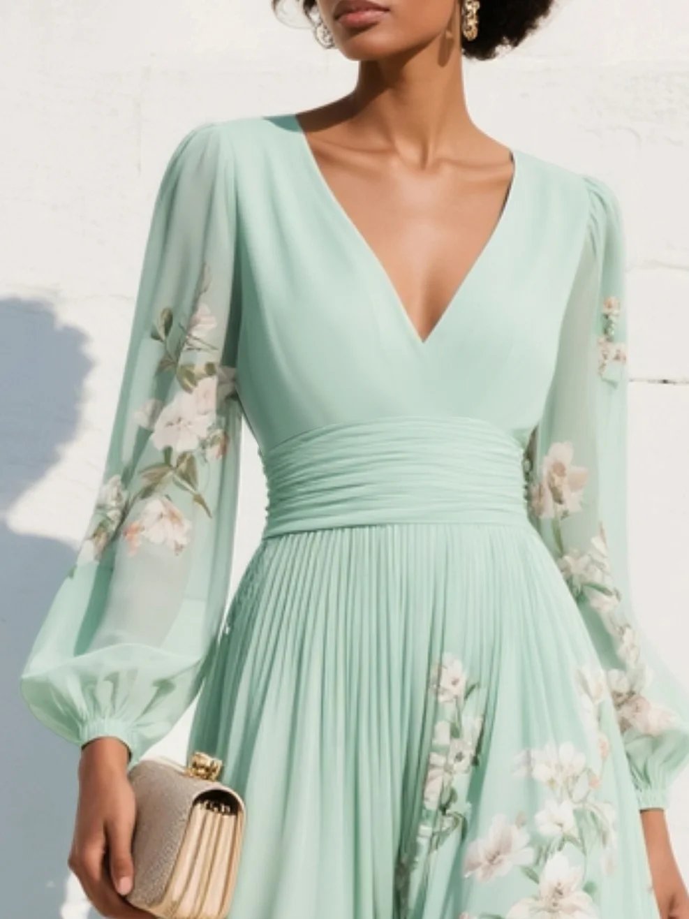 Anna | Kvinne V-hals Blomstrete Midi Kjole med Plisserte Ballongsleeves