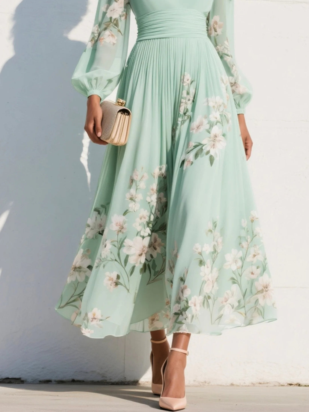 Anna | Kvinne V-hals Blomstrete Midi Kjole med Plisserte Ballongsleeves