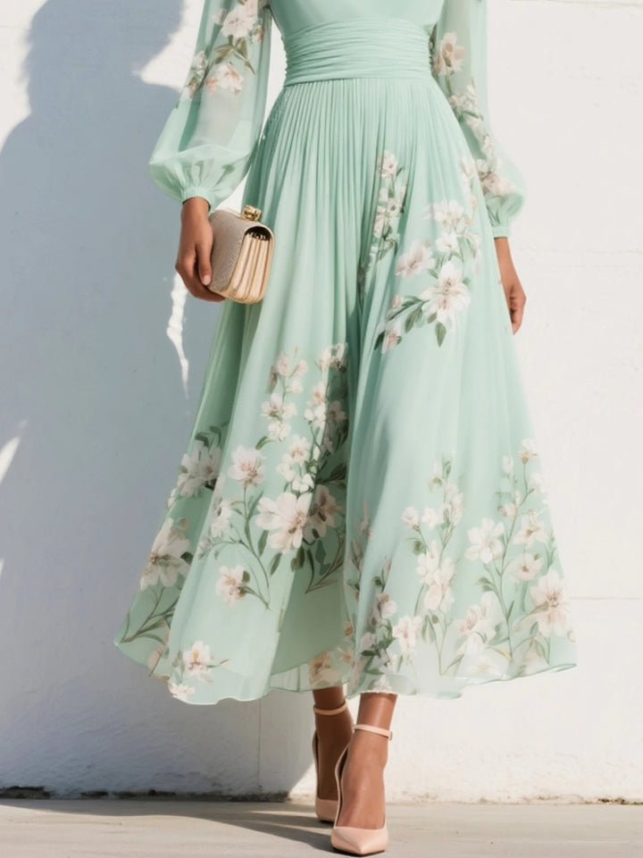 Anna | Kvinne V-hals Blomstrete Midi Kjole med Plisserte Ballongsleeves