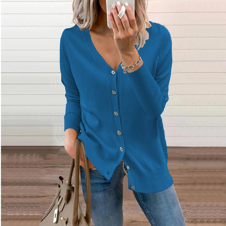 Sofia | Dame V-hals Strikket Cardigan med Knapper Lange Ermer