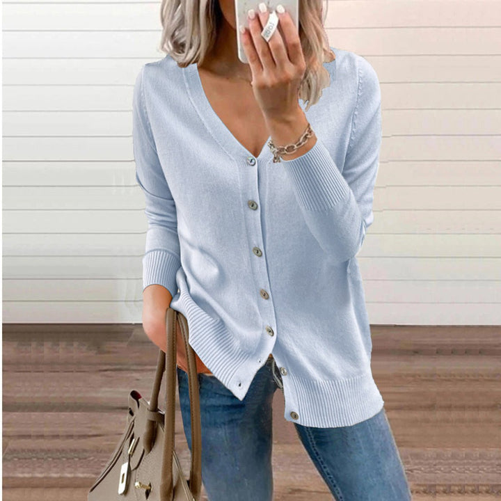 Sofia | Dame V-hals Strikket Cardigan med Knapper Lange Ermer