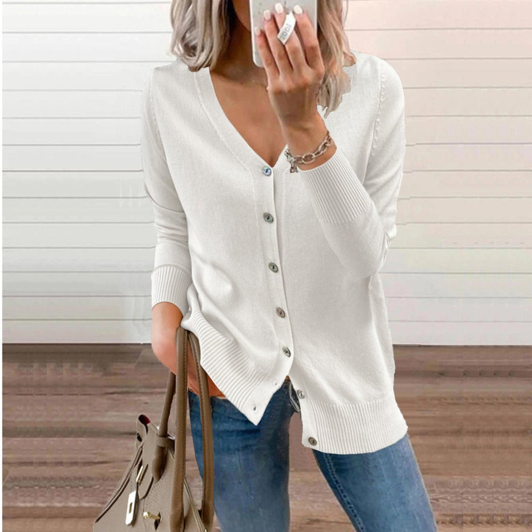 Sofia | Dame V-hals Strikket Cardigan med Knapper Lange Ermer