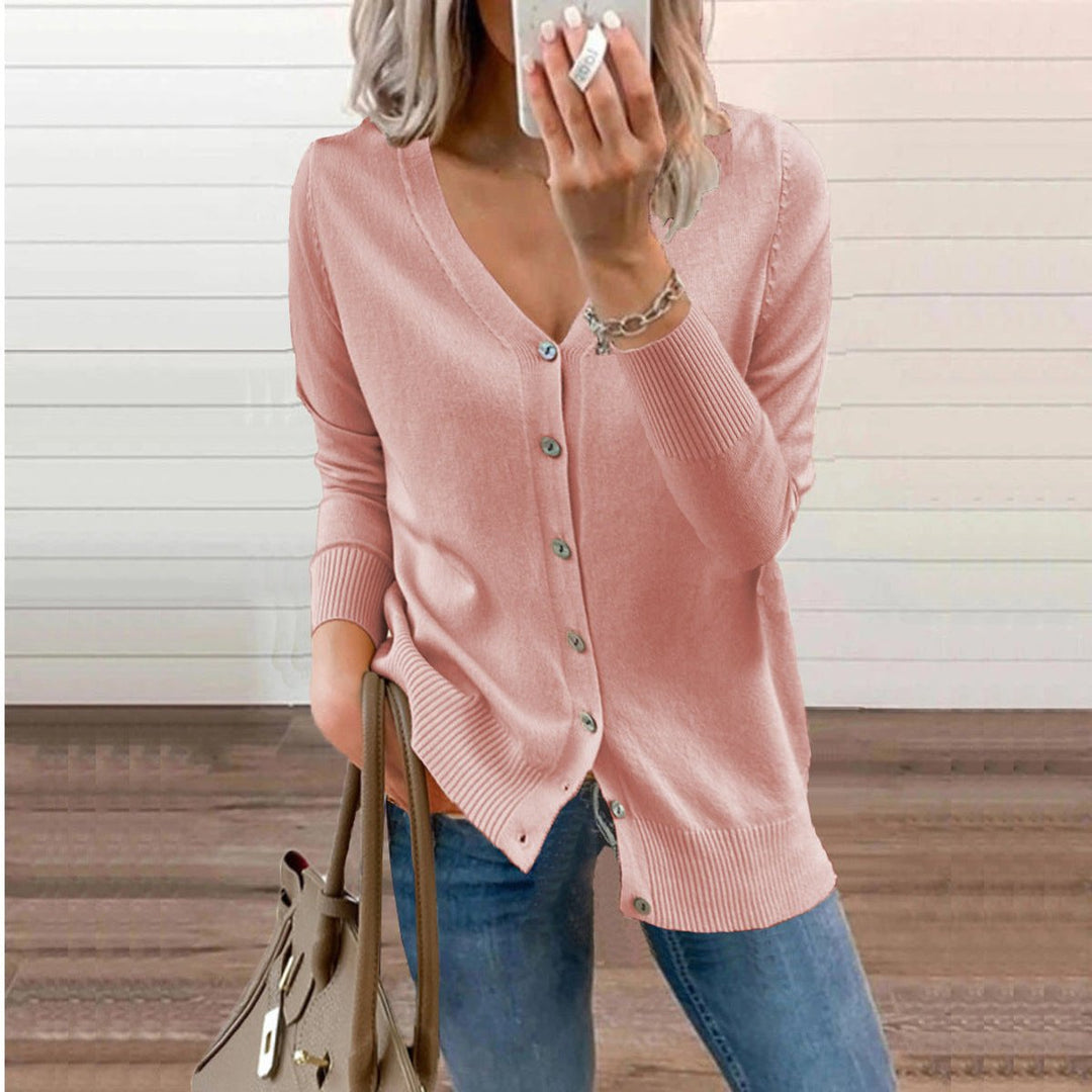 Sofia | Dame V-hals Strikket Cardigan med Knapper Lange Ermer
