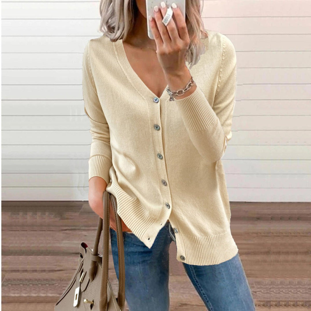Sofia | Dame V-hals Strikket Cardigan med Knapper Lange Ermer