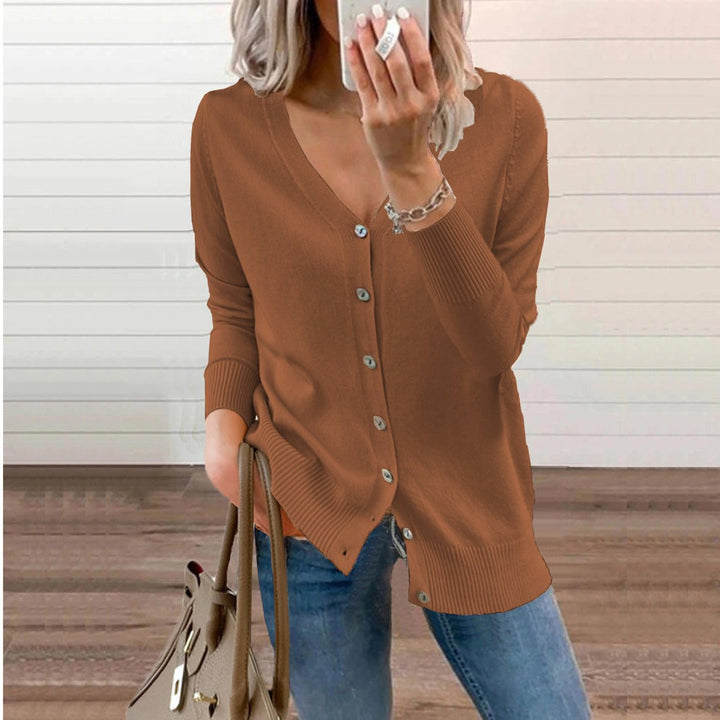 Sofia | Dame V-hals Strikket Cardigan med Knapper Lange Ermer