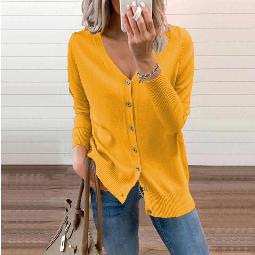 Sofia | Dame V-hals Strikket Cardigan med Knapper Lange Ermer