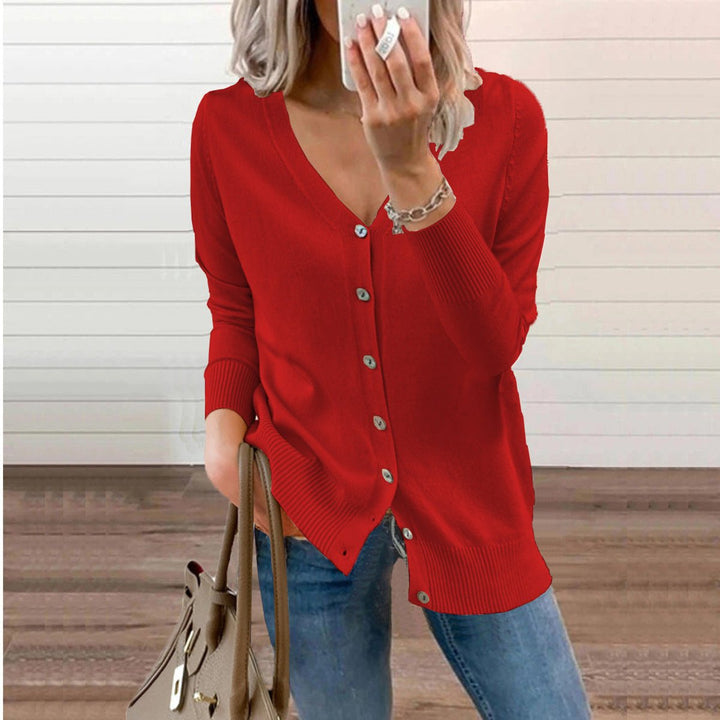 Sofia | Dame V-hals Strikket Cardigan med Knapper Lange Ermer