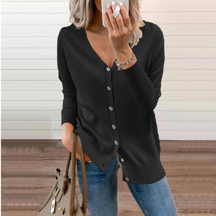 Sofia | Dame V-hals Strikket Cardigan med Knapper Lange Ermer
