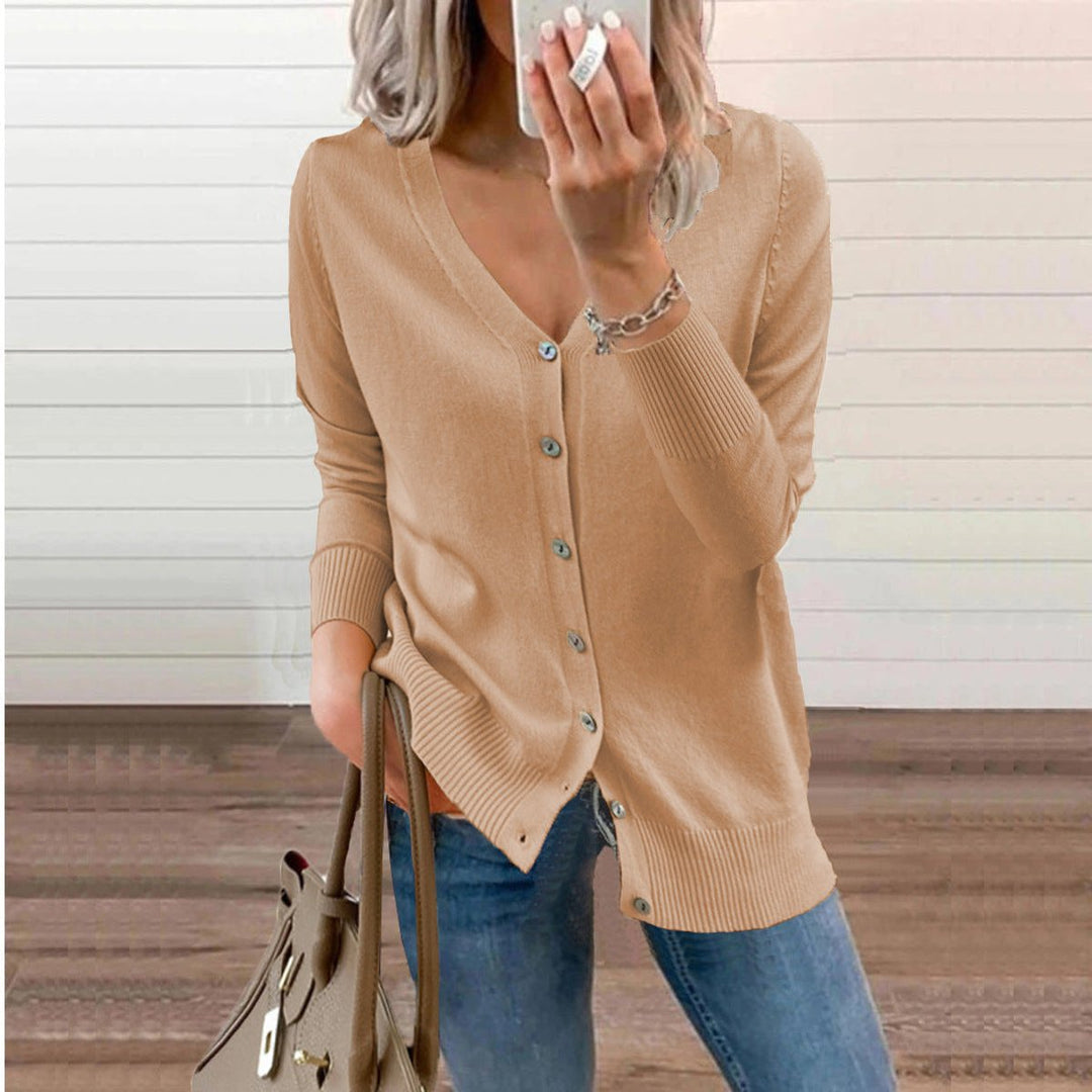Sofia | Dame V-hals Strikket Cardigan med Knapper Lange Ermer