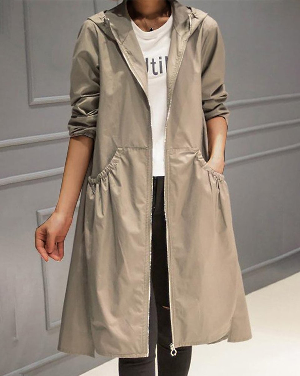 Nora | Vannavvisende lang trenchcoat med hette i polyester for kvinner