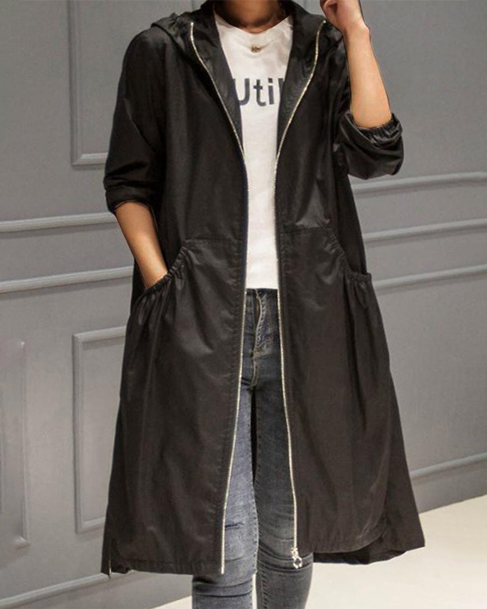 Nora | Vannavvisende lang trenchcoat med hette i polyester for kvinner