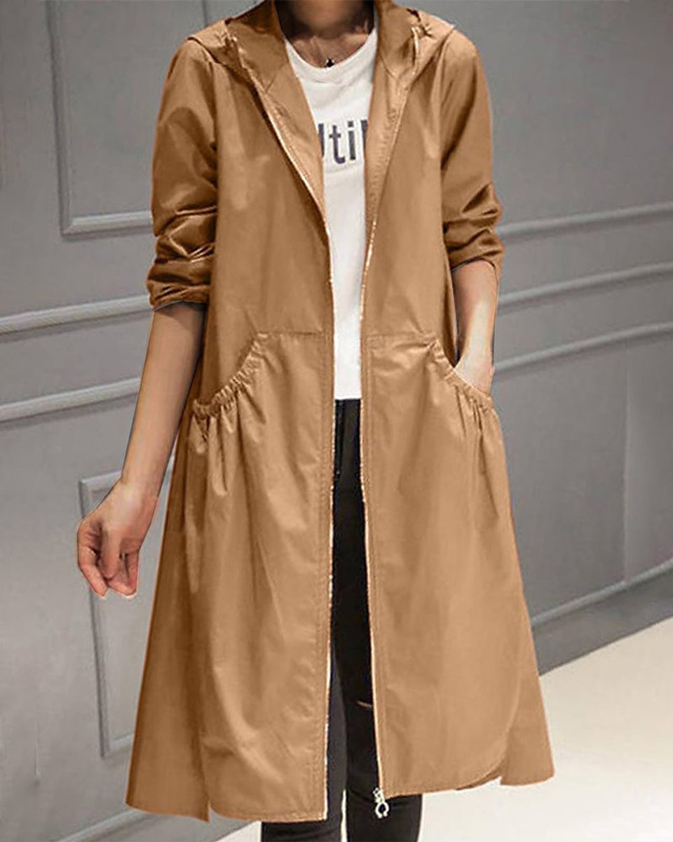Nora | Vannavvisende lang trenchcoat med hette i polyester for kvinner
