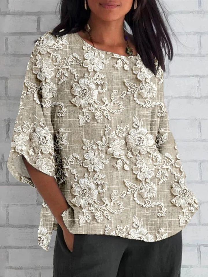 Lea | Kvinne Vintage Blomster Brodert Avslappet Bluse