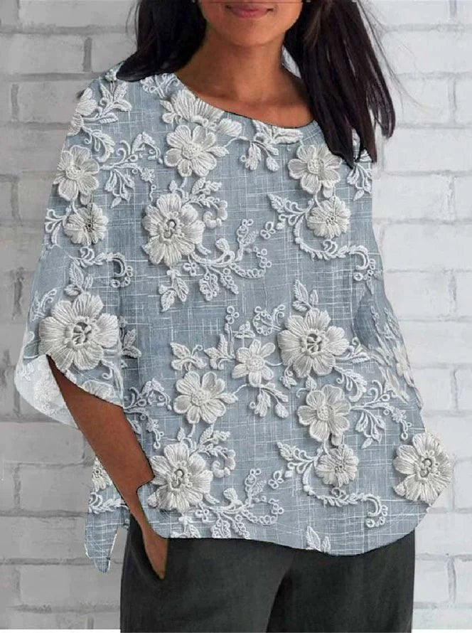 Lea | Kvinne Vintage Blomster Brodert Avslappet Bluse