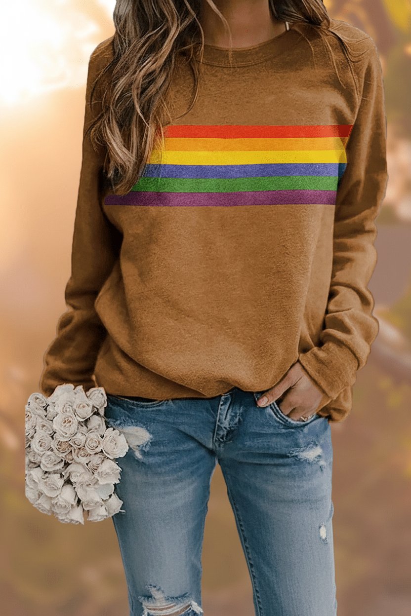 Mathilde | Kvinne Vintage Regnbue Stripet Avslappet Genser Lang Erme