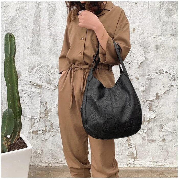 Nora | Kvinne Vintage Romslig Skulderveske Mykt Lær Hobo Veske