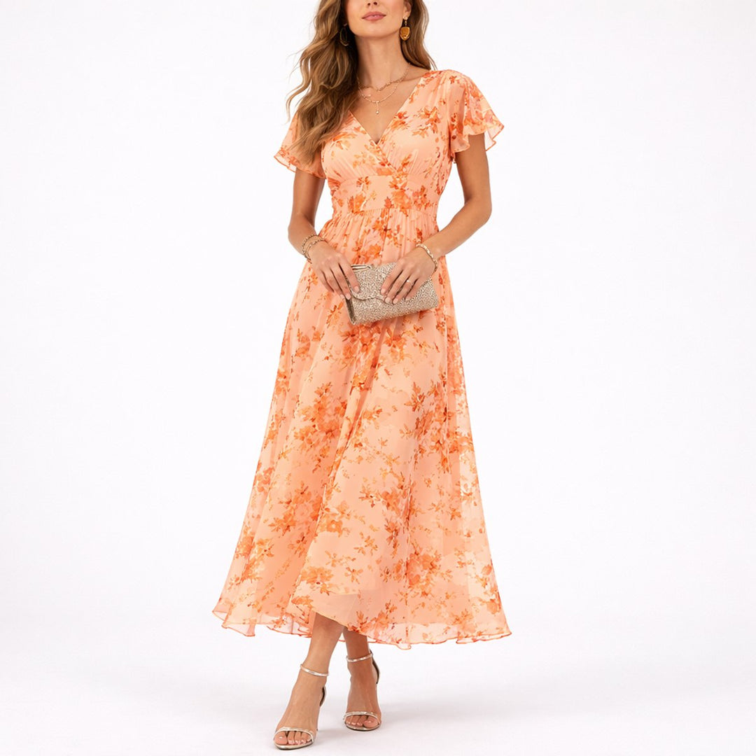 Ida | Kvinne Floral Chiffon Maxi Kjole for Høst Bryllup Gjest V-Hals