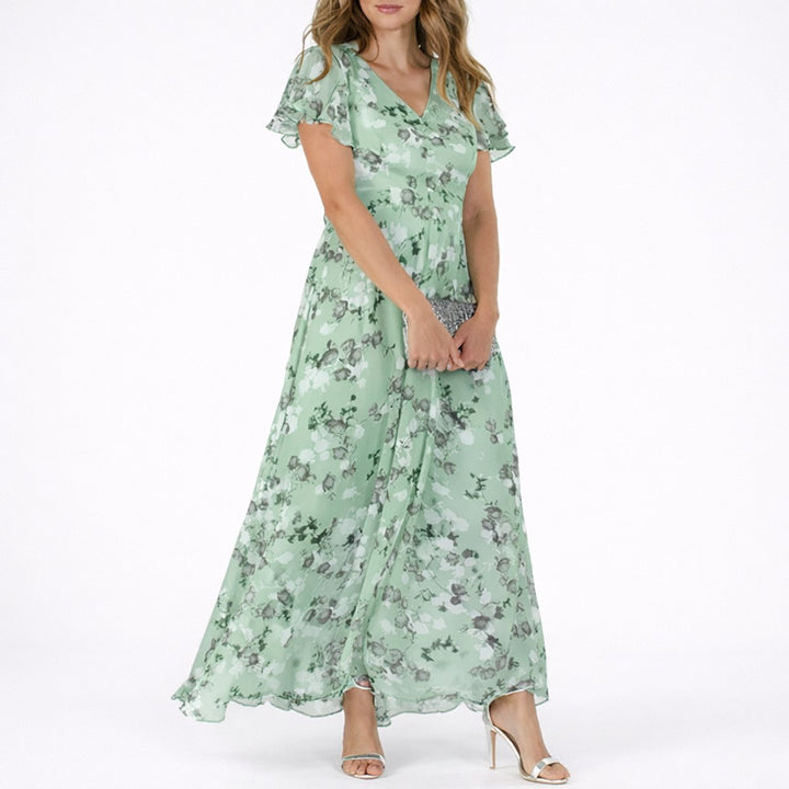 Ida | Kvinne Floral Chiffon Maxi Kjole for Høst Bryllup Gjest V-Hals